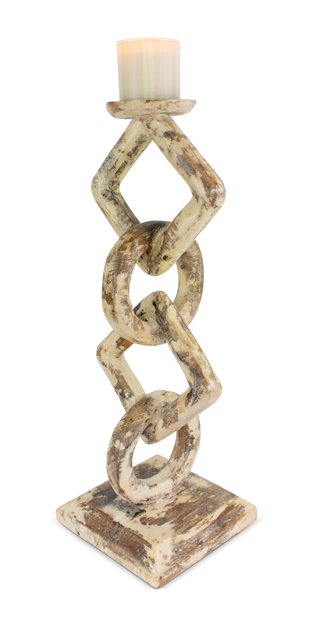 Whitewashed teak root chain-link candle holder – image 1
