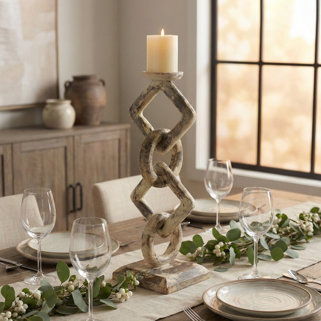 Whitewashed teak root chain-link candle holder – image 2