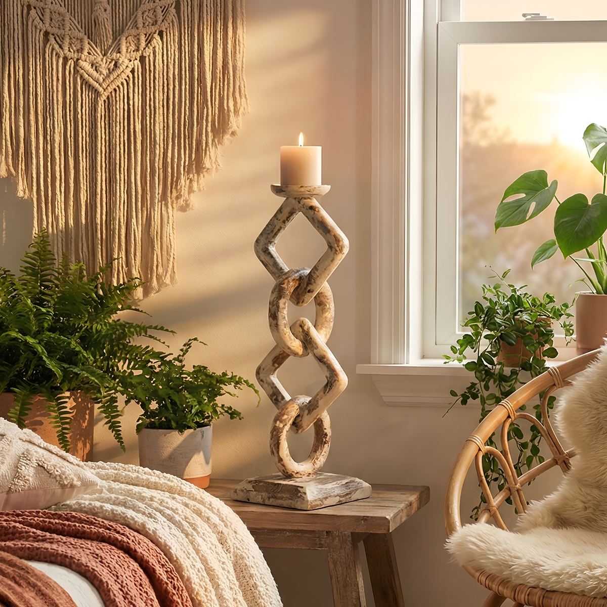 Whitewashed teak root chain-link candle holder – image 3