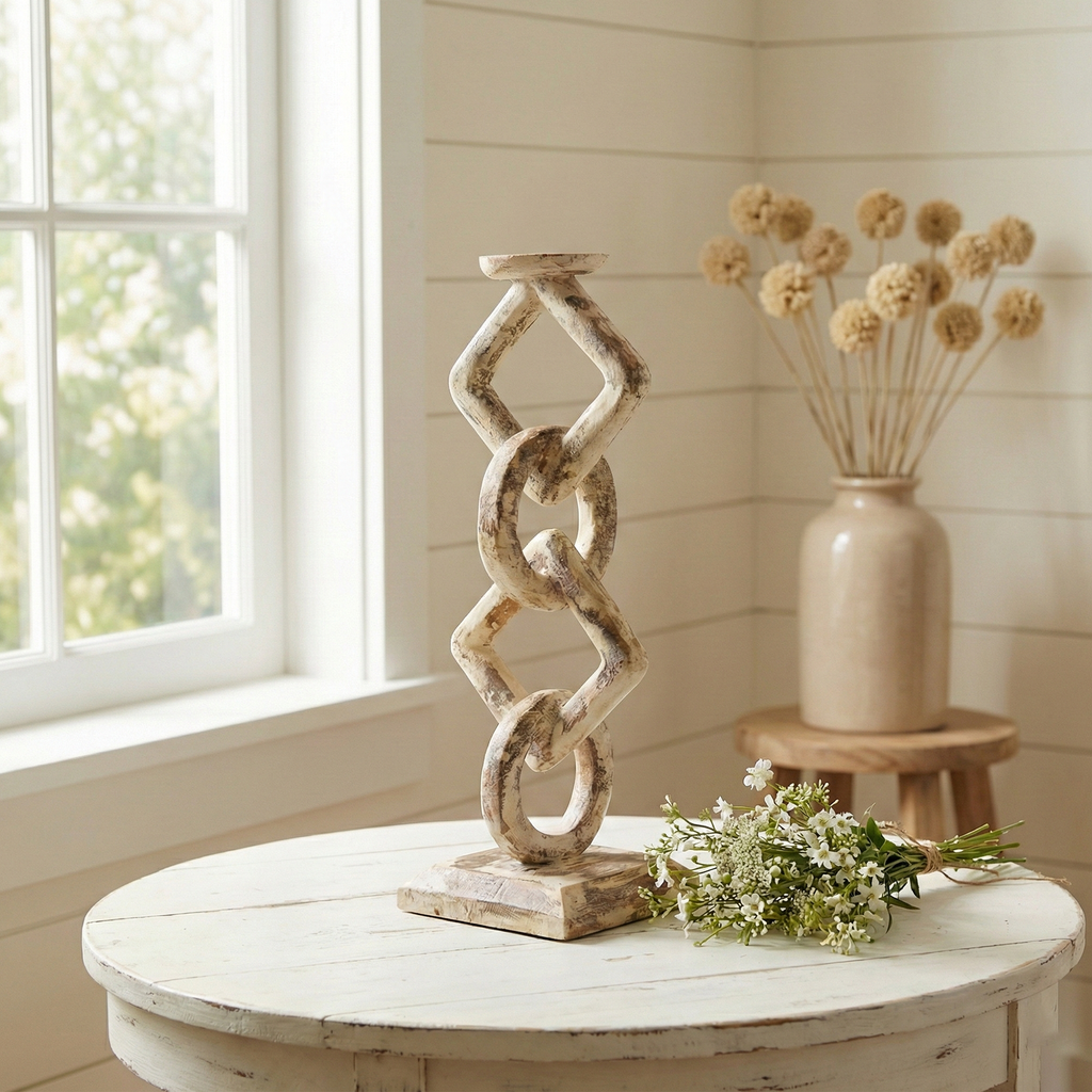 Whitewashed teak root chain-link candle holder – image 4