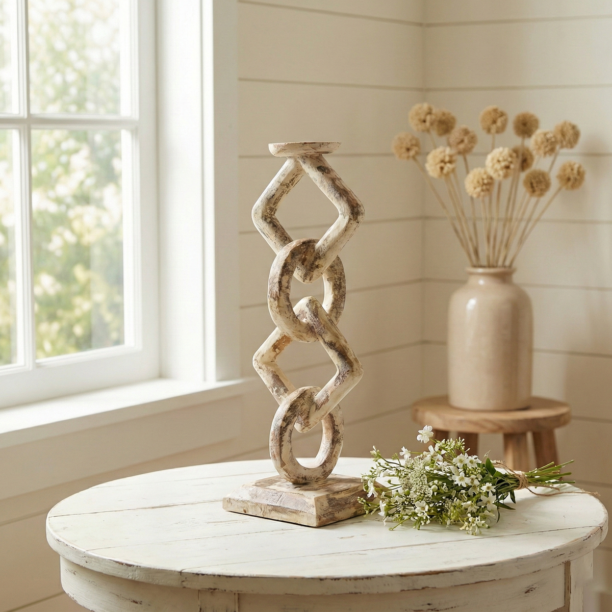 Whitewashed teak root chain-link candle holder – image 4