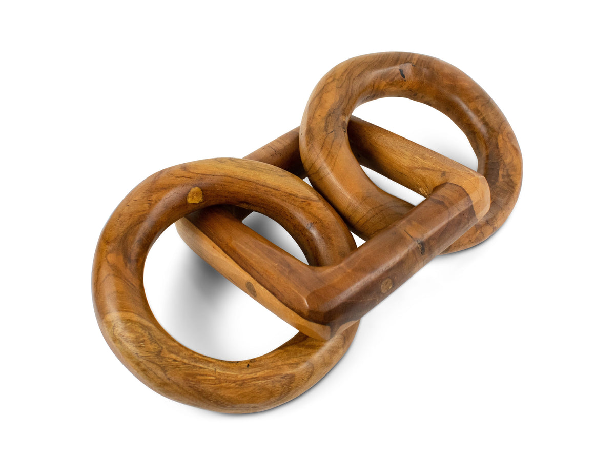 Teak chain-link sculpture with two round and one square link – image 1
