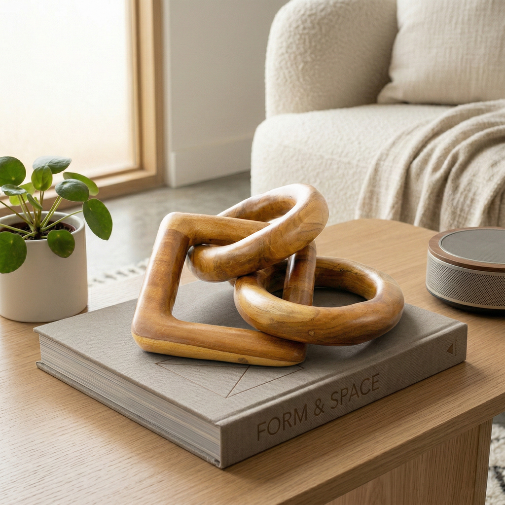 Teak chain-link sculpture with two round and one square link – image 4