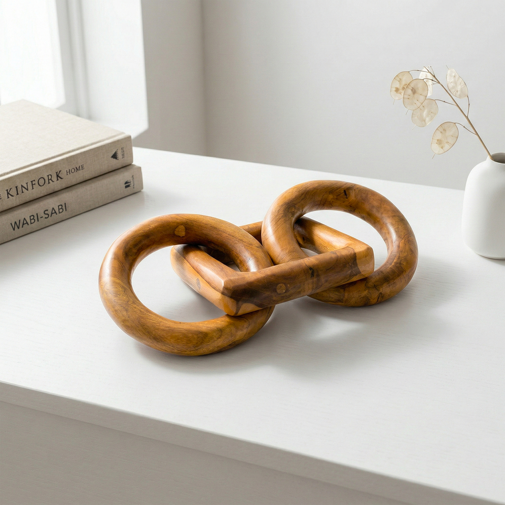 Teak chain-link sculpture with two round and one square link – image 2