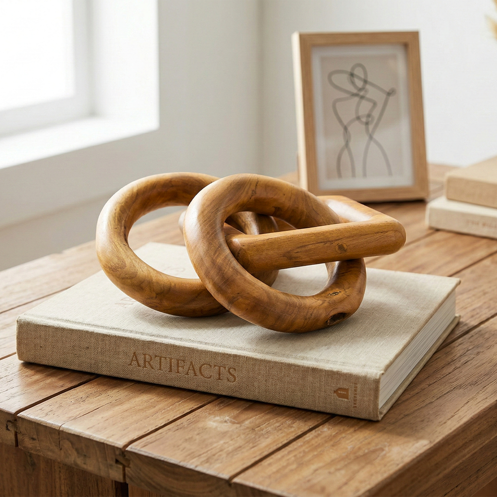 Teak chain-link sculpture with two round and one square link – image 6