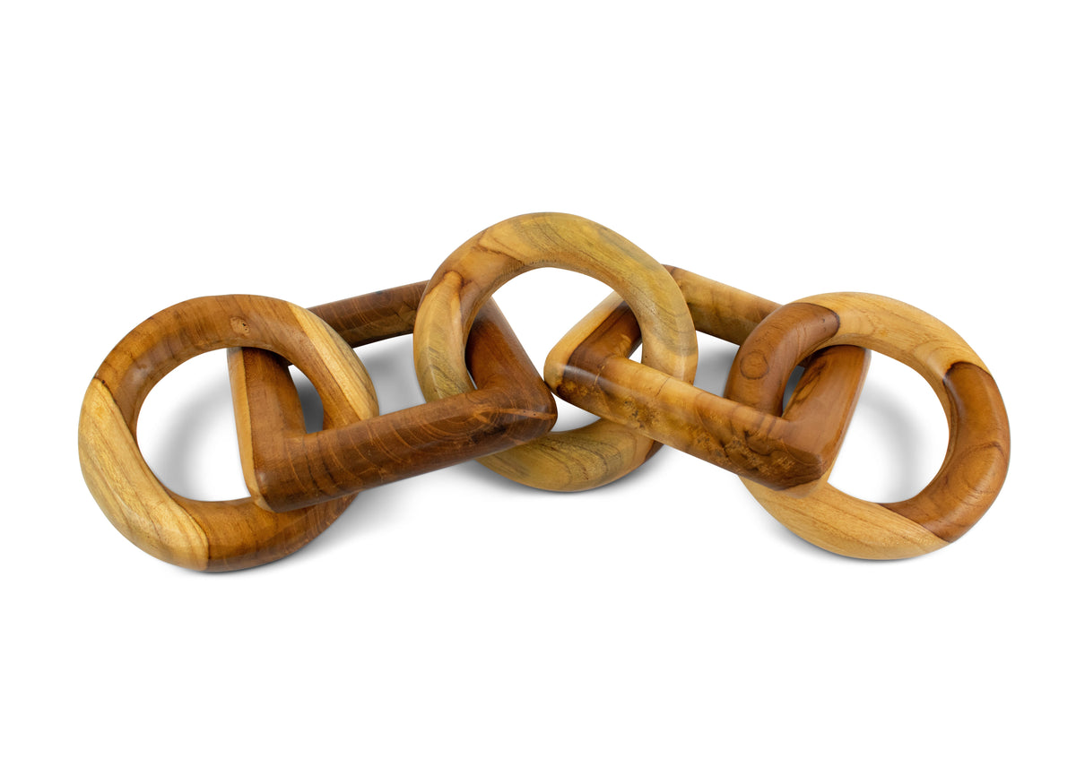 Teak chain-link sculpture with three round and two square links – image 2