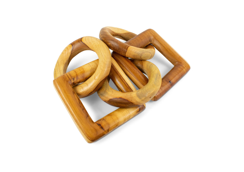 Teak chain-link sculpture with three round and two square links – image 7
