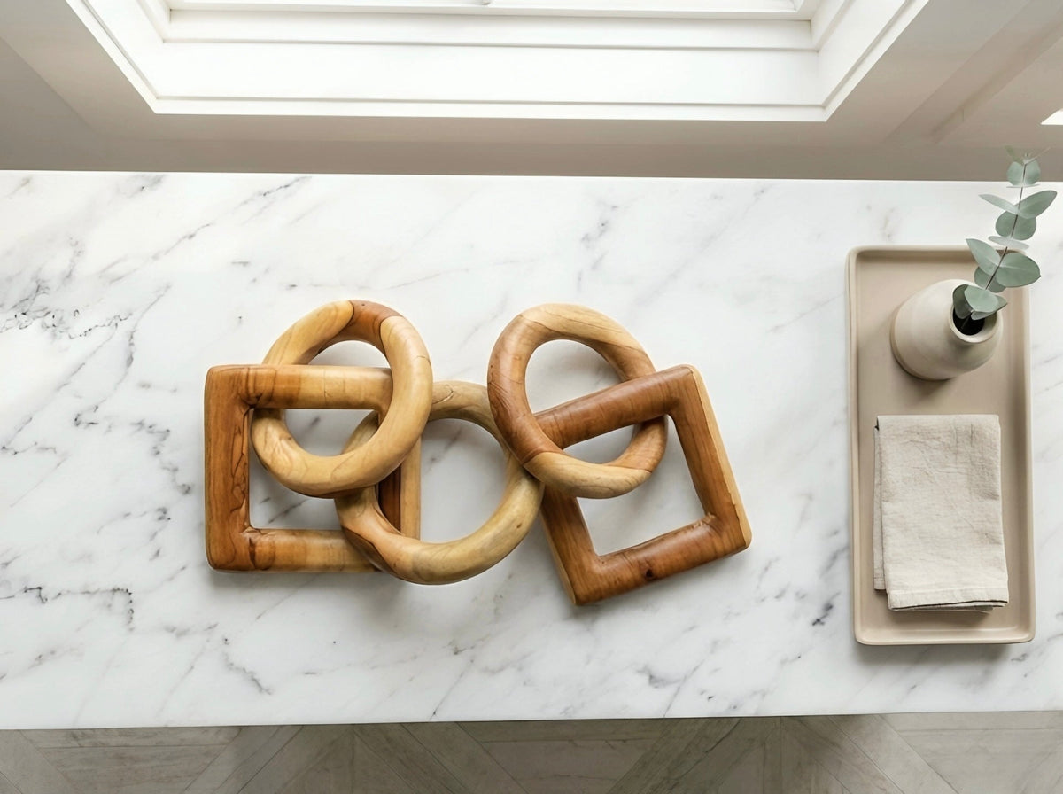 Teak chain-link sculpture with three round and two square links – image 5