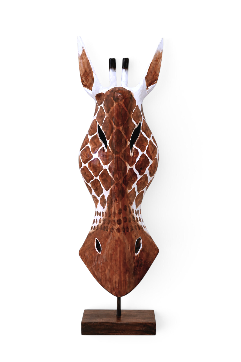 Standing giraffe mask sculpture, brown and white, hand-carved wood – image 1