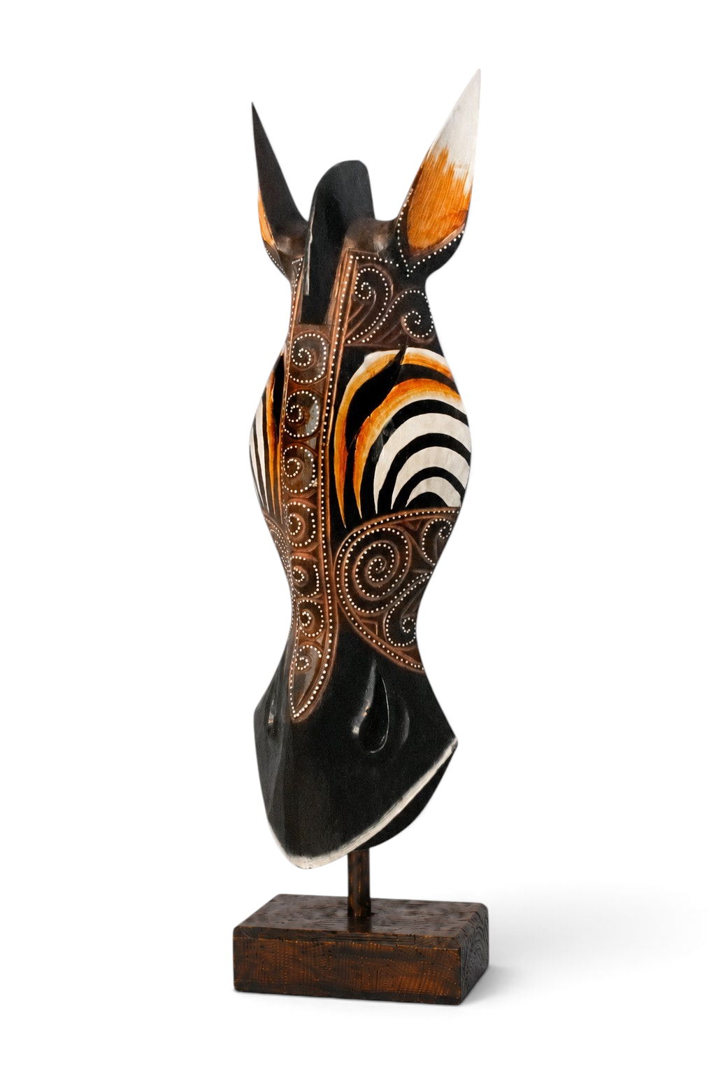 Standing giraffe mask sculpture with hand-painted swirl design – image 3