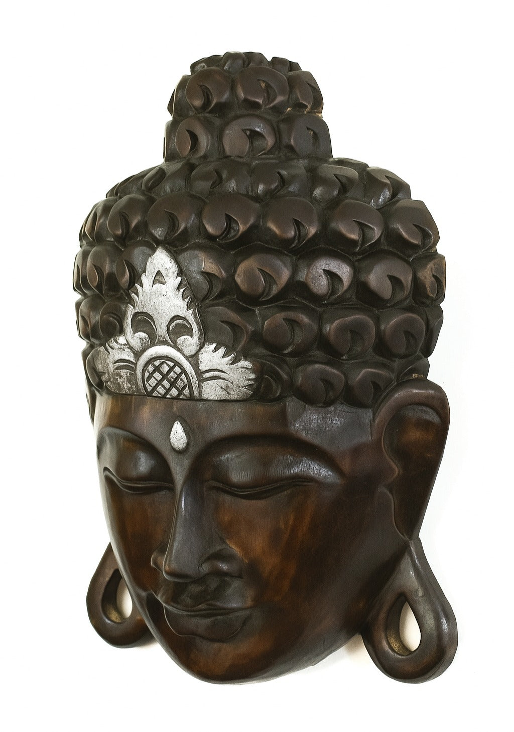 Hand-carved Buddha wall mask in black with silver crown – image 3