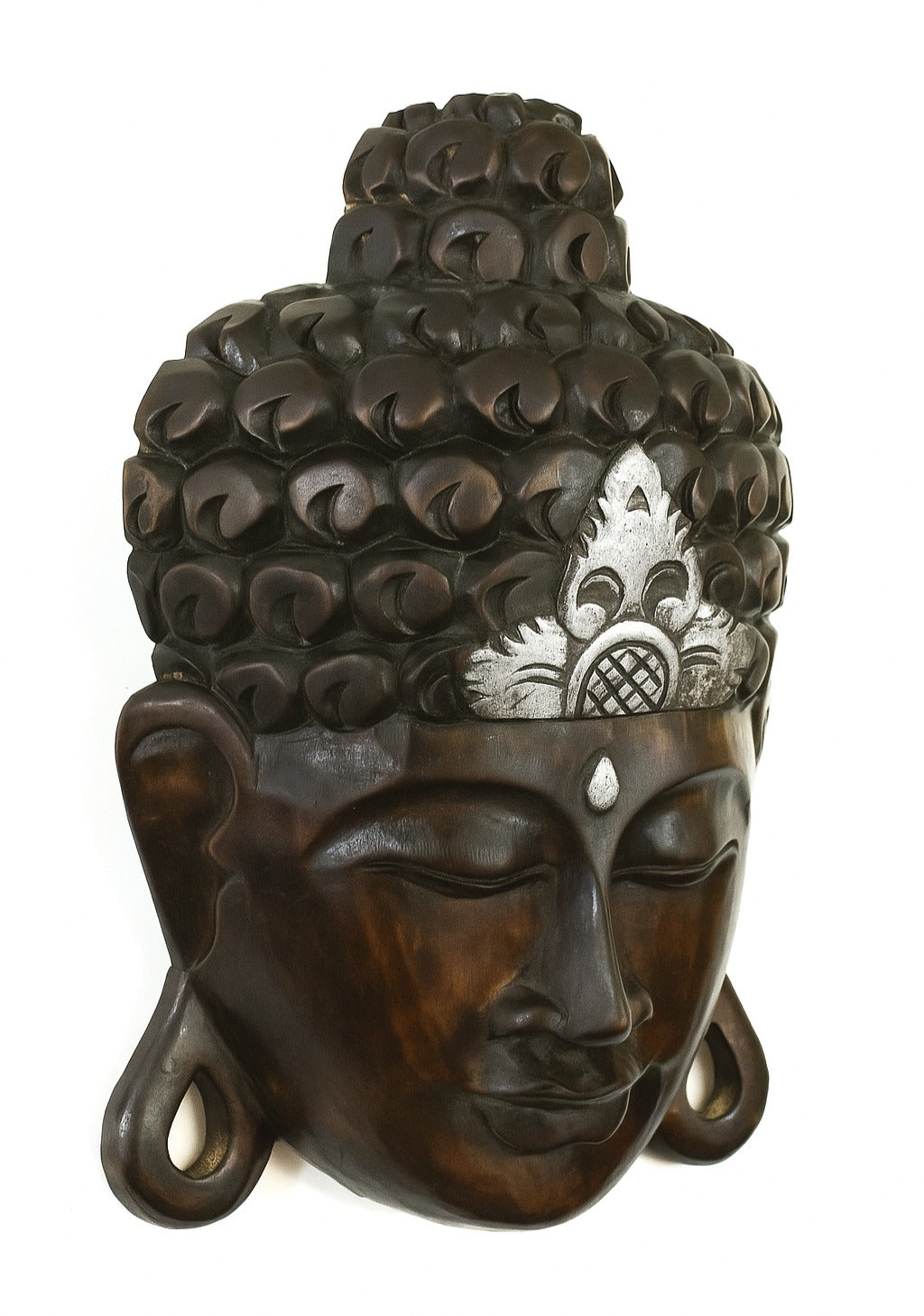 Hand-carved Buddha wall mask in black with silver crown – image 2
